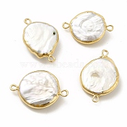 Baroque Natural Keshi Pearl Connector Charms, Flat Round Links, with Brass Double Loops, Light Gold, 24~27x16~18x5~7mm, Hole: 1.6mm(PEAR-P004-15KCG)