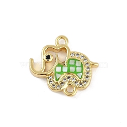 Rack Plating Brass Micro Pave Clear Cubic Zirconia Elephant Connector Charms, with Enamel and Shell, Real 18K Gold Plated, Long-Lasting Plated, Lead Free & Cadmium Free, Lime Green, 17x18.5x3mm, Hole: 1.8mm(KK-U032-29G-02)