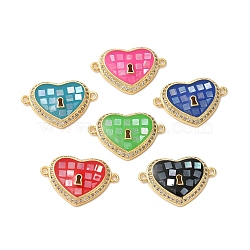 Rack Plating Brass Micro Pave Clear Cubic Zirconia Heart Links, with Enamel & Shell, Real 18K Gold Plated, Long-Lasting Plated, Lead Free & Cadmium Free, Mixed Color, 15x22x4mm, Hole: 1.2mm(KK-K385-107G)