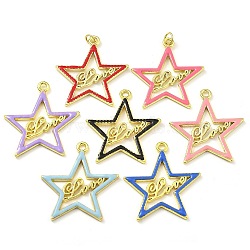 Rack Plating Brass Enamel Pendants, with Jump Ring, Long-Lasting Plated, Lead Free & Cadmium Free, Real 18K Gold Plated, Star with Word Love Pattern, Mixed Color, 37.5x34x2mm, Hole: 4mm(KK-G515-03G)