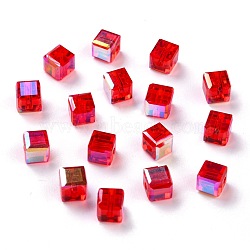Electroplate Transparent Glass Beads, Faceted Cube, Rainbow Plated, Red, 6x6x6mm, Hole: 1.8mm(X-EGLA-B003-01A-07)