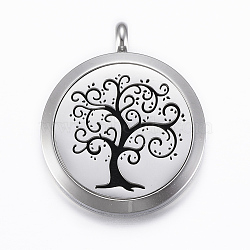 316 Surgical Stainless Steel Diffuser Locket Pendants, with Perfume Pad and Magnetic Clasps, Flat Round with Tree of Life, Stainless Steel Color, Black, 37x30x6.5mm, Hole: 5mm, inner diameter: 23mm(STAS-H404-14E)