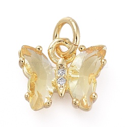 Brass Micro Pave Clear Cubic Zirconia Pendant, with Glass, Butterfly, Golden, Pale Goldenrod, 12.5mm(ZIRC-P079-B01-02)