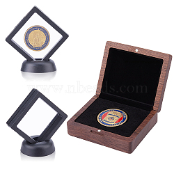 1Pc Rectangle Wood Commemorative Coin Magnetic Boxes, with 2 Sets Plastic Floating Frame Stands, with Transparent Membrane, Coconut Brown, 9.5x8x3.7cm(CON-DC0001-26)