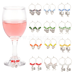 24Pcs 6 Styles Alloy Wine Glass Charms, with Brass Hoop Earring Findings and Glass Bead, Rooster, Mixed Color, 42~52mm, 4pcs/style(AJEW-AB00073)