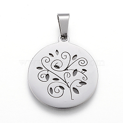 304 Stainless Steel Pendants, Flat Round with Tree of Life, Stainless Steel Color, 25x22x1.2mm, Hole: 4x7.5mm(STAS-I086-03P-01)