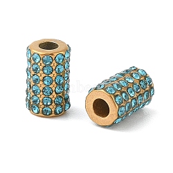 Ion Plating(IP) 304 Stainless Steel Beads, with Rhinestone, Column, Golden, Aquamarine, 11x7mm, Hole: 3mm(STAS-NH0001-02G-04)