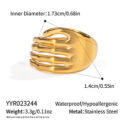 Adjustable 304 Stainless Steel Cuff Open Rings for Women, Real 18K Gold Plated, Palm, 14mm, US Size 7(17.3mm)(ZC9558-2)