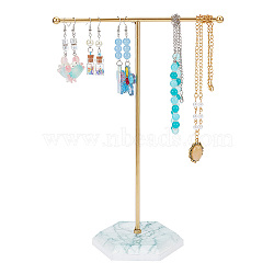 Golden Tone T Bar Iron Earring Displays Stands, with Marble Stone Base, Jewelry Display Rack, Jewelry Tree Stand for Earring, Ring, Necklace, Bracelet Storage, White, Finished Product: 9.1x10.5x25.8cm(EDIS-WH0035-23A)