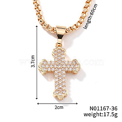 Brass Crystal Rhinestone Cross Fleury Pendant Vintage Box Chain Necklaces, Golden, 23.62 inch(60cm)(KQ9978-1)