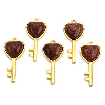 Synthetic Goldstone Pendants, with Light Gold Plated Brass Findings, Key with Heart Charm, 38x17x6.5~7mm, Hole: 1.8mm