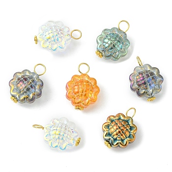 Transparent Electroplate Glass Pendants, with 304 Stainless Steel Findings, Sunflower Charms, Mixed Color, 20~21x15x8.5~9mm, Hole: 4mm