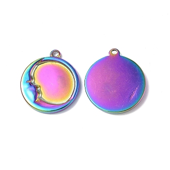 Ion Plating(IP) 304 Stainless Steel Pendants, Flat Round with Moon Charm, Rainbow Color, 20.5x18x2.5mm, Hole: 1.6mm