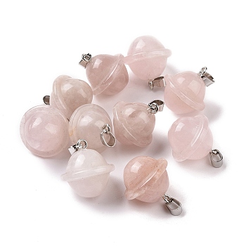 Natural Rose Quartz Pendants, Planet Charms, with Platinum Plated Alloy Snap on Bails, 19.5~21.5x18~18.5mm, Hole: 5.5x3.3mm