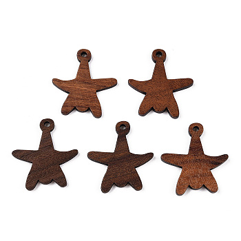Natural Walnut Wood Pendants, Undyed, Starfish Charms, Camel, 27.5x25.5x2.5mm, Hole: 2mm