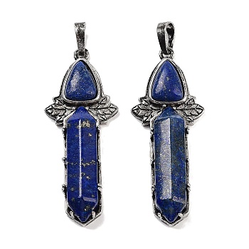 Natural Lapis Lazuli Sword Big Pendants, Rack Plating Antique Silver Plated Brass Charms, Cadmium Free & Lead Free, 51x20x9mm, Hole: 6.5x5mm