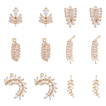 DICOSMETIC 12Pcs 6 Styles Brass Micro Pave Cubic Zirconia Pendants, Light Gold, Long-Lasting Plated, Leaf & Ear of Wheat & Olive Branch & Willow Branch, Clear, 15.5~35x8~17x2~4mm, Hole: 1~2x1~4mm, 2pcs/style