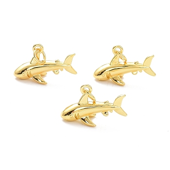 Brass Pendants, with Jump Ring, Long-Lasting Plated, Shark Shape, Real 18K Gold Plated, 13x20x5.5mm, Jump Ring: 5x1mm, 3.5mm Inner Diameter 