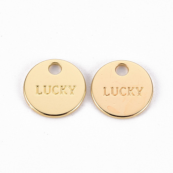 Rack Plating Alloy Charms, Cadmium Free & Lead Free, Flat Round with Word Luck, Light Gold, 11x1mm, Hole: 2mm