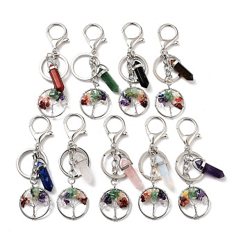 Natural & Synthetic Mixed Gemstone Keychain, with Platinum Plated Iron Split Key Rings, Tree of Life with Bullet, 10.2cm