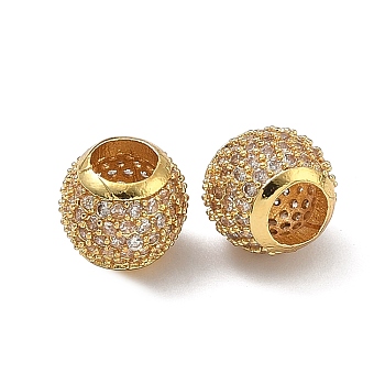 Barrel Brass Clear Cubic Zirconia European Beads, Large Hole Bead, Cadmium Free & Lead Free, Rack Plating, Long-Lasting Plated, Real 18K Gold Plated, 10x8.5mm, Hole: 5mm