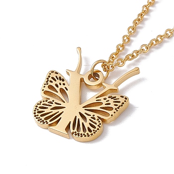 Initial Letter with Butterfly Pendant Necklace, Golden 304 Stainless Steel Jewelry for Women, Letter.Y, Pendant: 19x17x1mm, 15.55 inch(39.5cm)