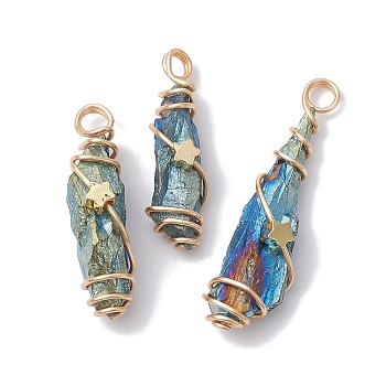Electroplated Natural Quartz Crystal Dyed Copper Wire Wrapped Pendants, Teardrop Charms with Brass Star, Golden, Blue, 28~39x8~12x8mm, Hole: 4mm