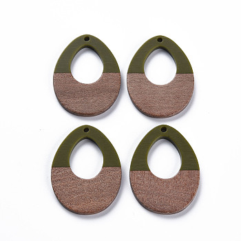 Opaque Resin & Walnut Wood Pendants, Two Tone, Teardrop, Olive Drab, 37x28.5x3mm, Hole: 2mm