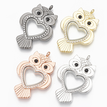 Alloy Magnetic Locket Big Pendants, with Rhinestone and Glass, Owl, Mixed Color, 60x39.5x7.5mm, Hole: 3.5mm, Inner Measure: 15x21mm