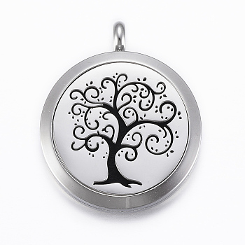 316 Surgical Stainless Steel Diffuser Locket Pendants, with Perfume Pad and Magnetic Clasps, Flat Round with Tree of Life, Stainless Steel Color, Black, 37x30x6.5mm, Hole: 5mm, inner diameter: 23mm
