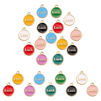 45Pcs 9 Colors Light Gold Alloy Enamel Pendants, Flat Round with Word Luck, Mixed Color, 14.5~15x12x2mm, Hole: 1.5mm, 5pcs/color