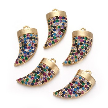 Brass Micro Pave Cubic Zirconia Pendants, Scabbard/Tusk Shape, Colorful, Golden, 17x8x4mm, Hole: 1mm
