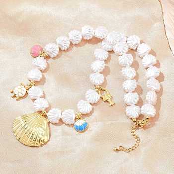 Ocean Brass Pave Cubic Zirconia and Enamel Sea Animals Pendant Necklaces, with White Imitation Pearl Beads, Cadmium Free & Lead Free, Rack Plating, Long-Lasting Plated, Real 18K Gold Plated, Colorful, Shell Shape, 17.40 inch(44.2cm)