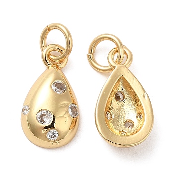 Rack Plating Brass Micro Pave Clear Cubic Zirconia Charms, with Jump Ring, Long-Lasting Plated, Cadmium Free & Lead Free, Teardrop Charm, Real 18K Gold Plated, 14x7.5x3mm, Hole: 3mm