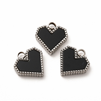 304 Stainless Steel Pendants, with Acrylic, Heart, Black, 12x11x3mm, Hole: 2mm