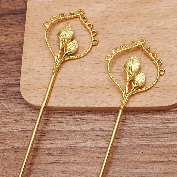 Iron Hair Stick Findings, with Alloy Flower and Loops, Golden, 156x36x6mm
