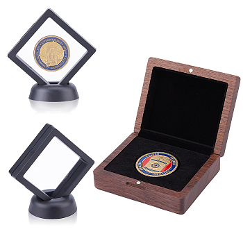 1Pc Rectangle Wood Commemorative Coin Magnetic Boxes, with 2 Sets Plastic Floating Frame Stands, with Transparent Membrane, Coconut Brown, 9.5x8x3.7cm