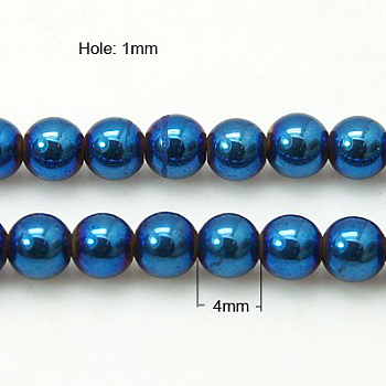 Non-Magnetic Synthetic Hematite Beads Strands, Blue Plated, Round, Blue Plated, 4mm