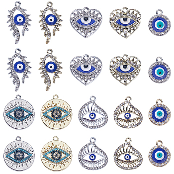 40Pcs 10 Styles Alloy Crystal Rhinestone Pendants, with Enamel Evil Eye, Heart & Flat Round Charms, Mixed Color, 17.5~29x14~22x2~2.5mm, Hole: 1.6~2mm, 4pcs/style