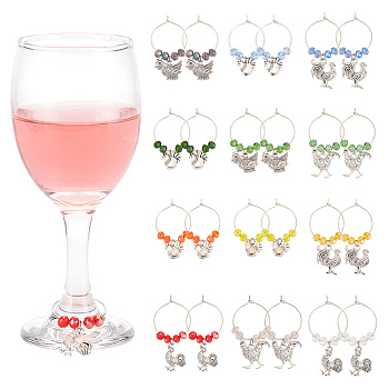 24Pcs 6 Styles Alloy Wine Glass Charms, with Brass Hoop Earring Findings and Glass Bead, Rooster, Mixed Color, 42~52mm, 4pcs/style