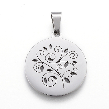 304 Stainless Steel Pendants, Flat Round with Tree of Life, Stainless Steel Color, 25x22x1.2mm, Hole: 4x7.5mm