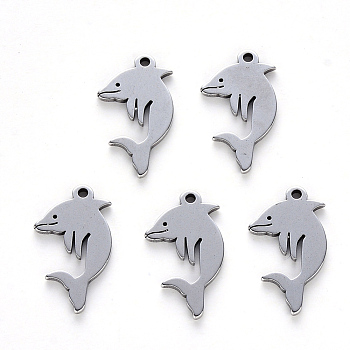 304 Stainless Steel Pendants, Laser Cut, Dolphin, Stainless Steel Color, 18x10x1mm, Hole: 1.2mm