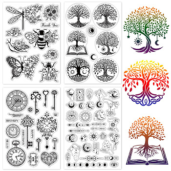 4 Sheets 4 Styles PVC Plastic Stamps, for DIY Scrapbooking, Photo Album Decorative, Cards Making, Stamp Sheets, Tree of Life Pattern, 16x11x0.3cm, 1 sheet/style