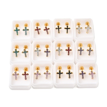 Glitter Cross Ear Fake Plugs, 304 Stainless Steel Enamel Piercing Stud Screw Earrings for Women, Golden, Mixed Color, 10x7mm, Pin: 1mm