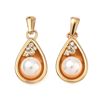 304 Stainless Steel & ABS Plastic Imitation Pearl Pendants, Teardrop Charms, with Rhinestone, Golden, 25x13.5x10.5mm, Hole: 6x2.5mm