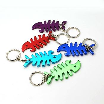 Aluminum Alloy Bottle Openners, with Iron Rings, Fishbone, Mixed Color, 108mm