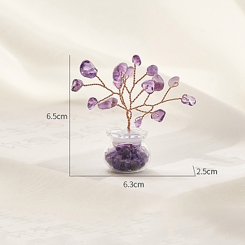 Natural Amethyst Chips Tree Decorations, Copper Wire Feng Shui Energy Stone Gift for Home Desktop Decoration, 65x63x25mm