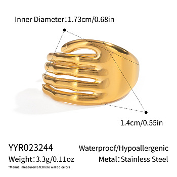 Adjustable 304 Stainless Steel Cuff Open Rings for Women, Real 18K Gold Plated, Palm, 14mm, US Size 7(17.3mm)