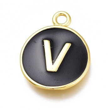 Brass Enamel Pendants, Long-Lasting Plated, Black, Golden, Flat Round, Letter.V, 16.5x13x2mm, Hole: 1.5mm