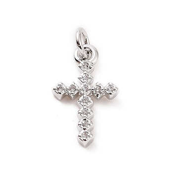 Brass Micro Pave Cubic Zirconia Charms, with Jump Ring, Rhombus Cross Charm, Platinum, 14.5x9x1.5mm, Hole: 2.8mm